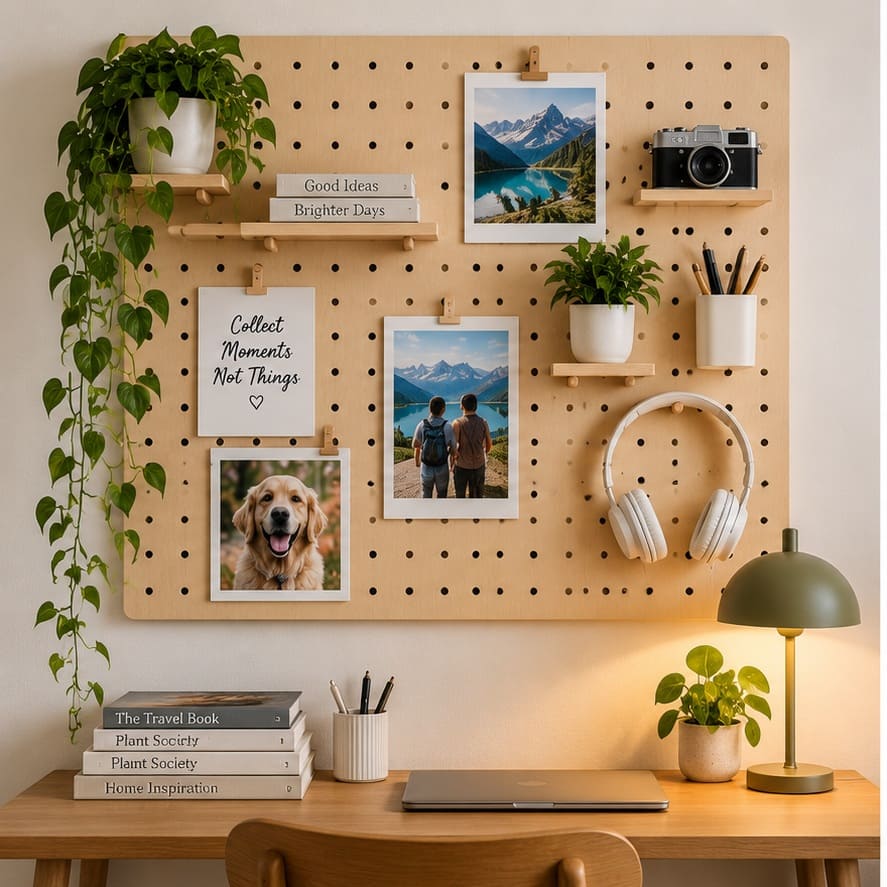Modern pegboard wall with shelves and organized decor