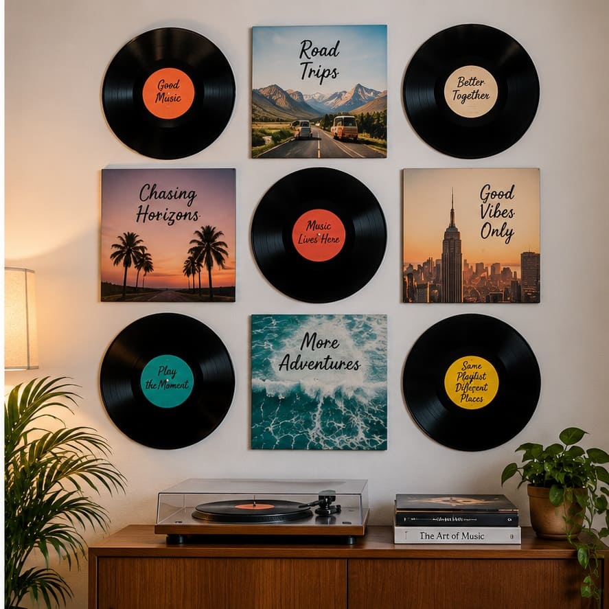 Vinyl record wall display in a modern music-inspired room