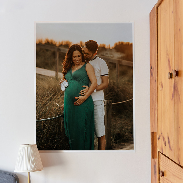 A large personalised photo enlargement displayed on a wall