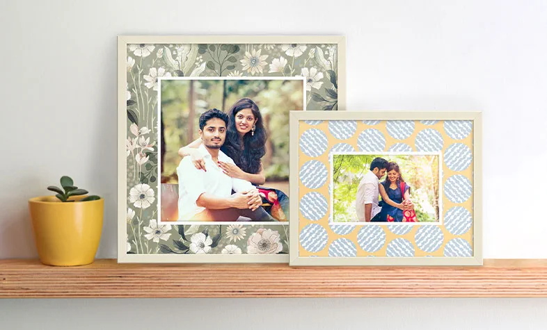 A couple's photograph displayed in a personalised designer mat frame