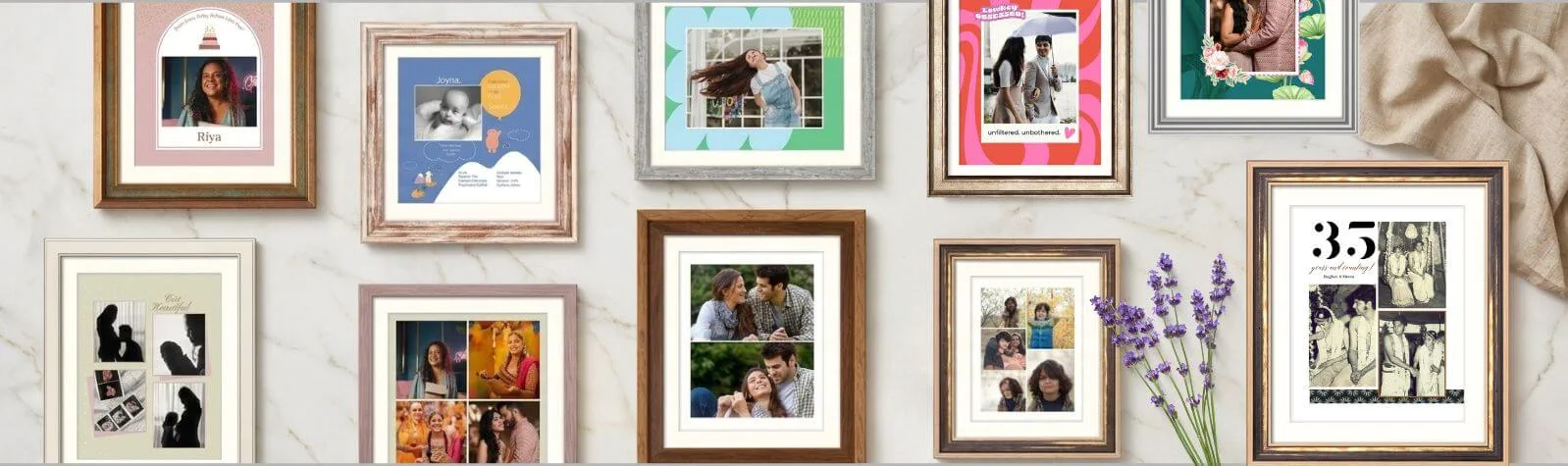 A gallery of personalised photo frames in different styles