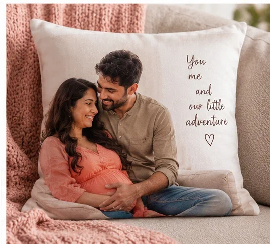 Personalized photo cushion featuring a baby shower memory