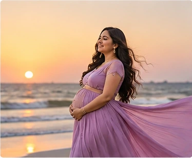 Pregnant woman posing by the beach at sunset