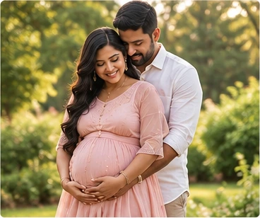 Couple maternity portrait in a garden setting