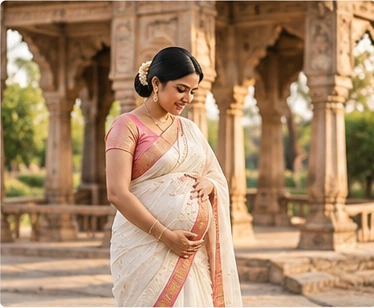 Pregnant woman posing at an Indian heritage location