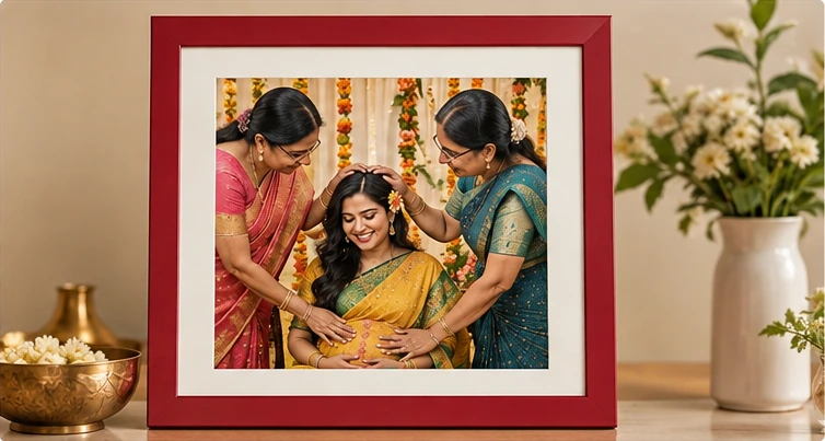 Traditional Indian baby shower blessing ritual displayed in a red photo frame