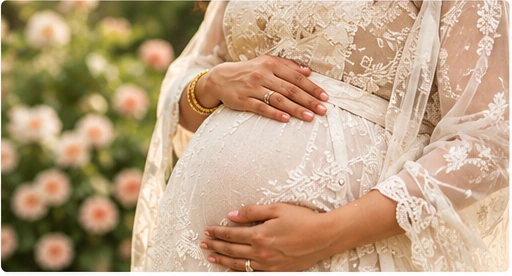 Close-up of mother-to-be cradling her baby bump