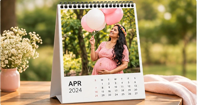 Mom-to-be holding balloons featured on a personalized photo calendar