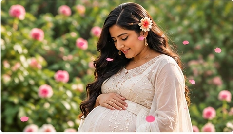 Mother-to-be looking down at her baby bump while flower petals fall