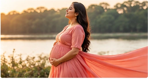 Mother-to-be in a flowing dress posing beside a lake at sunset