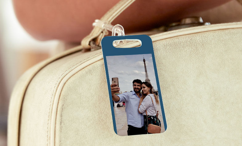 Custom photo bag tag personalized for a friend who loves travelling