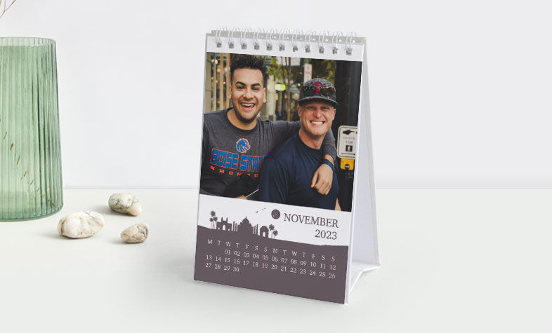 Personalized desk photo calendar featuring pictures of friends