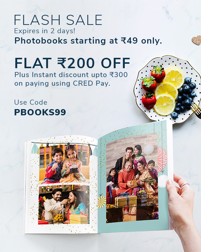 FLAT Rs. 200 off on all Photobooks + Instant discount upto Rs. 300 on paying using CRED Pay. Use code: PBOOKS99