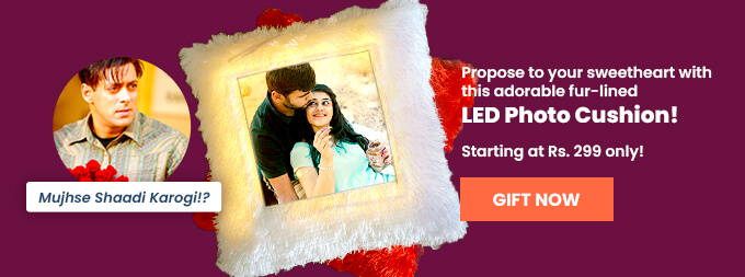 Propose to your sweetheart with this adorable fur-lined LED Photo Cushion! Starting at Rs. 299 only! Use code: CUPID