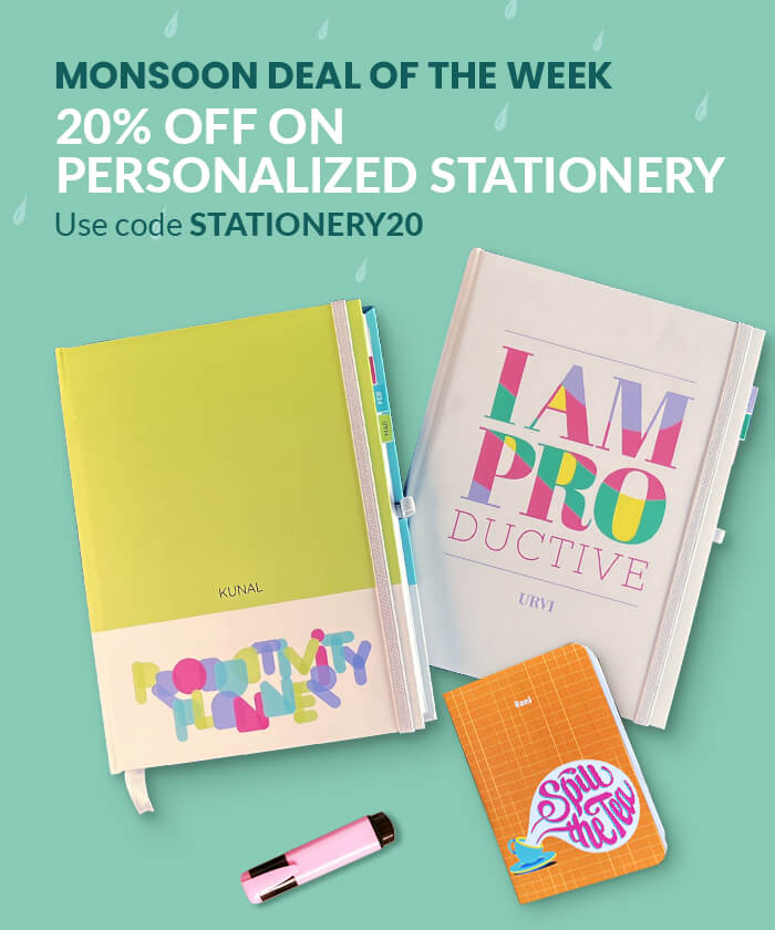 Monsoon Sale. 20% OFF on Personalized Stationery.